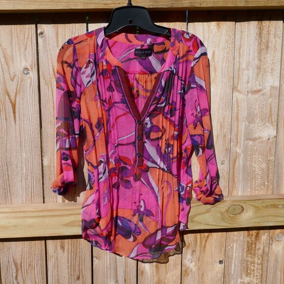 HALE BOB Silk Tunic Blouse Pink Boho Floral Roll Tab Long Sleeves Size XS - Picture 4 of 9